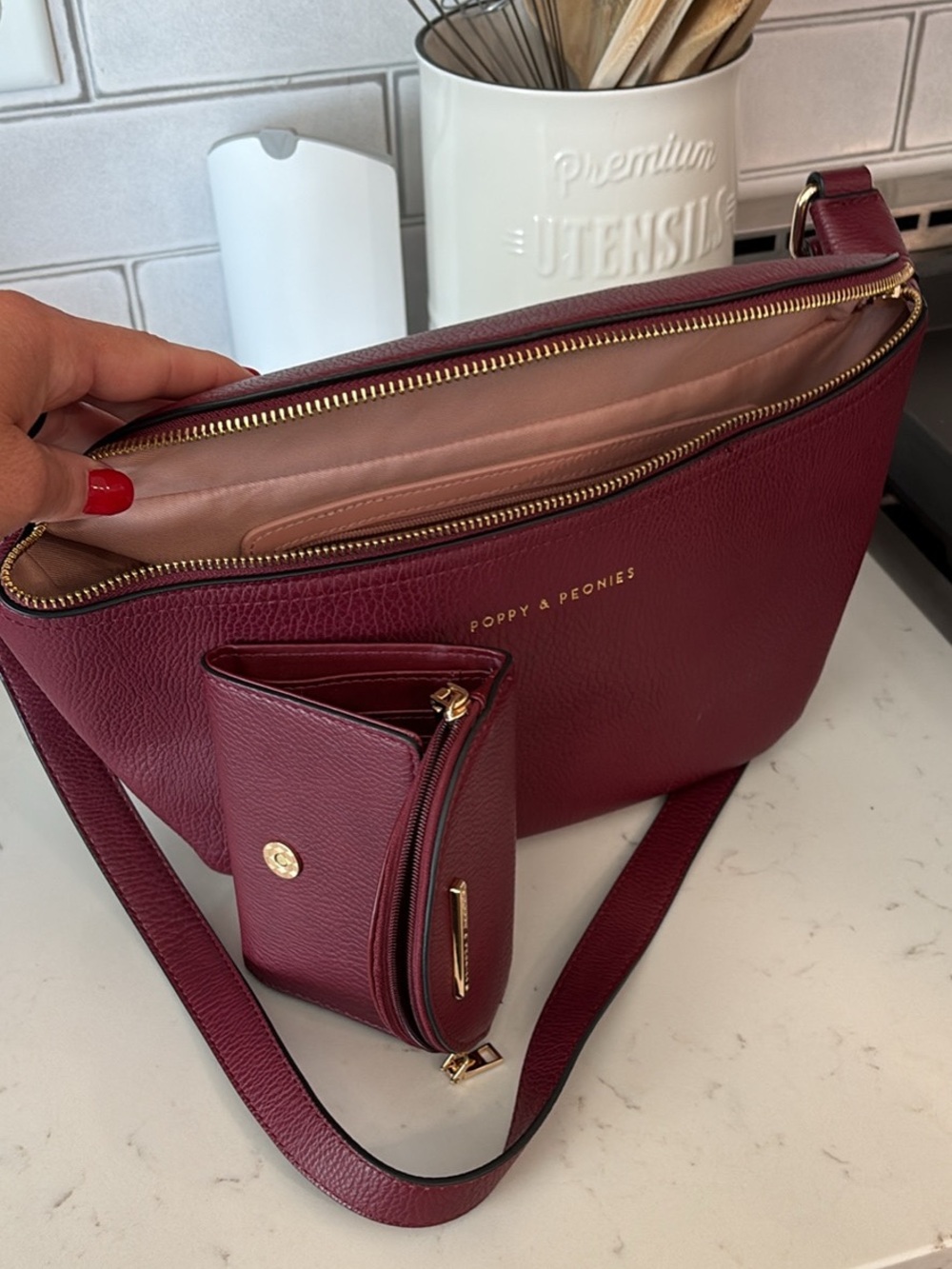 Poppy & Peonies Wine Red Pebbled Crossbody with Matching Pouch